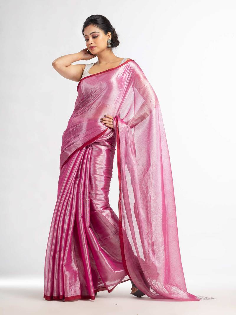 pink tissue cotton solit haif inchi border saree