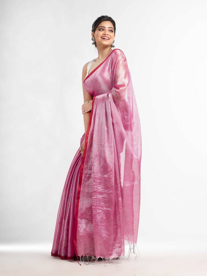 pink tissue cotton solit haif inchi border saree
