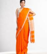 Orange with silver zari pallu in silver zari border handwoven linen saree