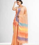 Peach with multi colour pallu handwoven linen saree