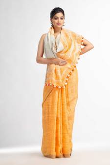 Orange with silver zari pallu in silver zari border handwoven linen saree