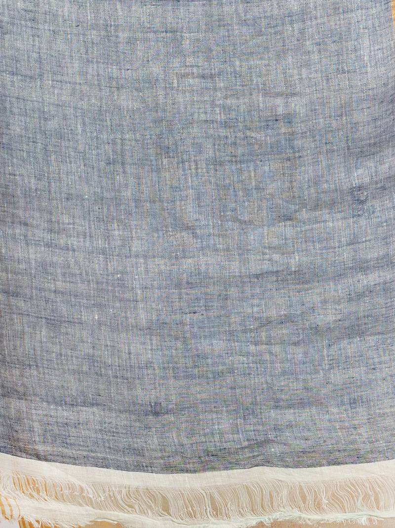 white half body buti with gold zari and nevy blue pallu in gold zari border handwoven linen saree