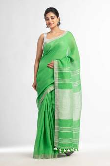 Green with silver zari pallu in silver zari border handwoven linen saree