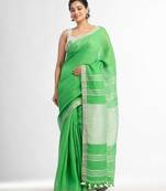 Green with silver zari pallu in silver zari border handwoven linen saree