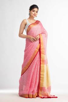 red all body jacquard weaving silver zari pallu with gold zari border handwoven linen saree