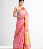 red all body jacquard weaving silver zari pallu with gold zari border handwoven linen saree