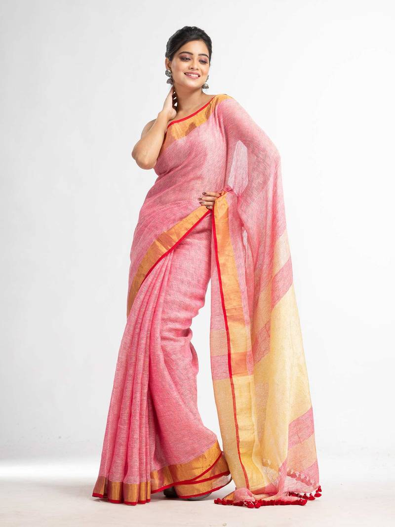 red all body jacquard weaving silver zari pallu with gold zari border handwoven linen saree