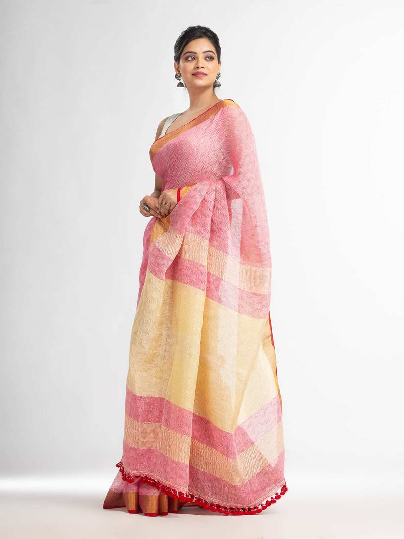 red all body jacquard weaving silver zari pallu with gold zari border handwoven linen saree