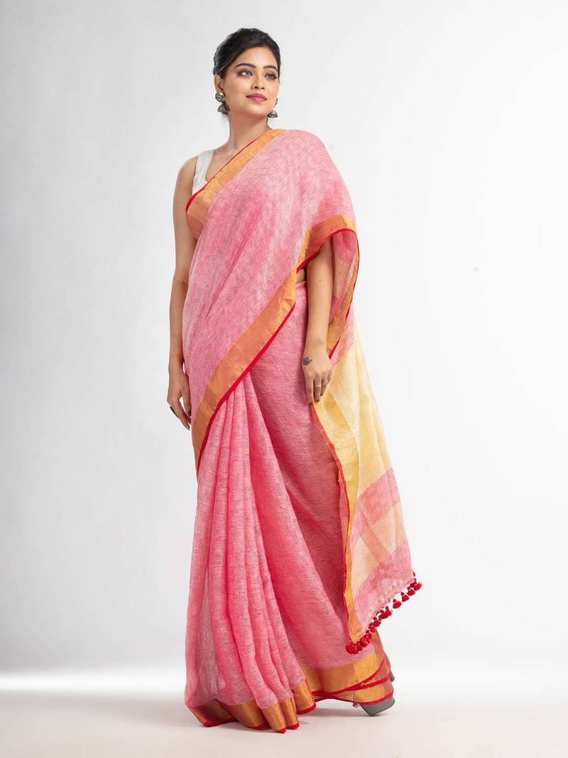 red all body jacquard weaving silver zari pallu with gold zari border handwoven linen saree