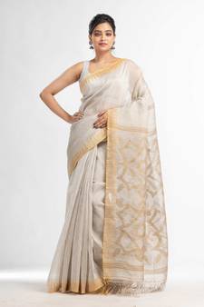 off white linen tissue pallu jamdanie temple border handwoven saree