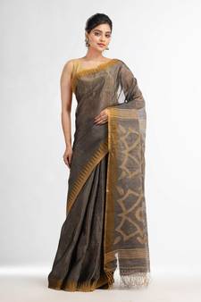 Grey linen tissue pallu jamdani temple border handwoven saree