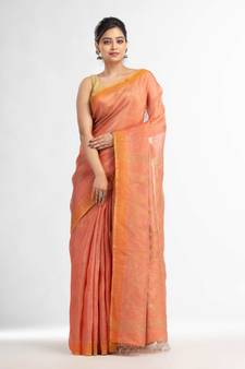 Peach linen tissue pallu jamdani temple border handwoven saree