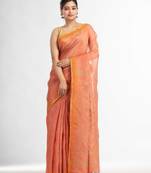 Peach linen tissue pallu jamdani temple border handwoven saree