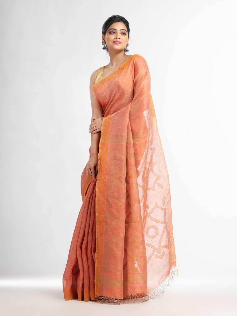 Peach linen tissue pallu jamdani temple border handwoven saree