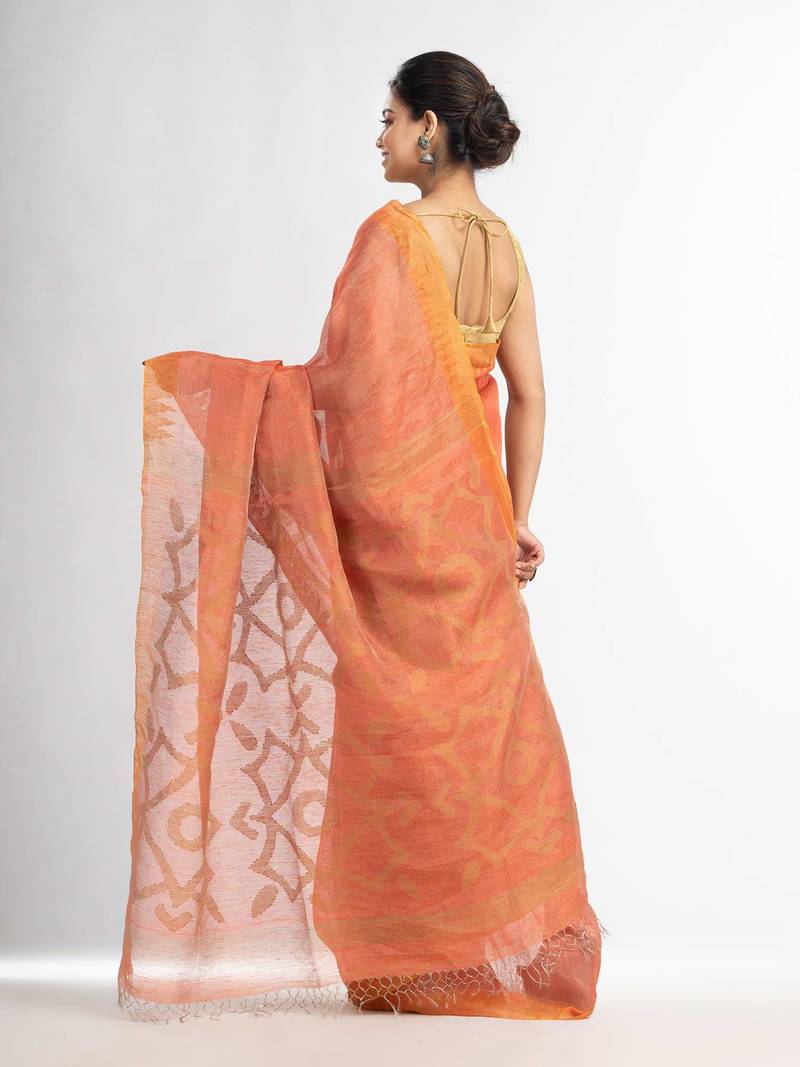 Peach linen tissue pallu jamdani temple border handwoven saree