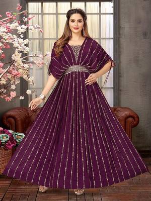 Wine embroidered georgette long-kurtis 1