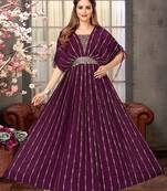 Wine embroidered georgette long-kurtis