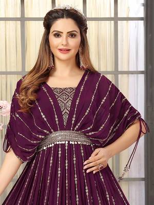 Wine embroidered georgette long-kurtis 2