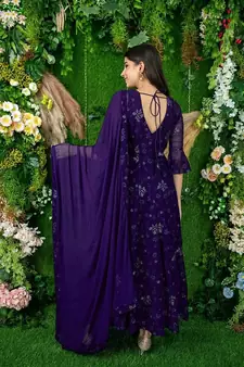 Purple embroidered georgette long-kurtis