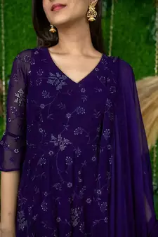 Purple embroidered georgette long-kurtis