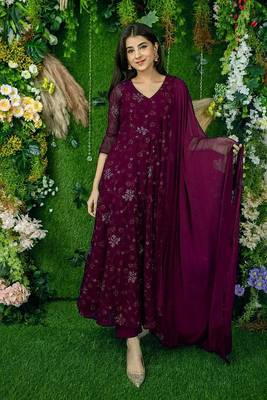 Wine embroidered georgette long-kurtis 1