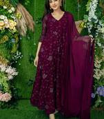 Wine embroidered georgette long-kurtis