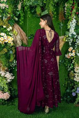 Wine embroidered georgette long-kurtis 2