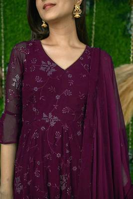 Wine embroidered georgette long-kurtis 3