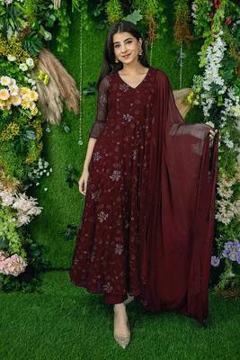 Maroon embroidered georgette long-kurtis 1