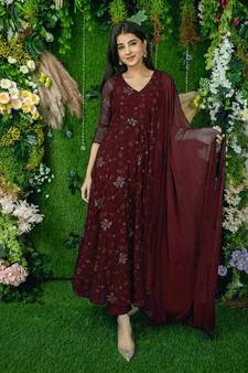 Maroon embroidered georgette long-kurtis