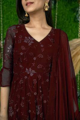 Maroon embroidered georgette long-kurtis 3