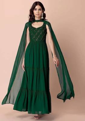 Green embroidered georgette long-kurtis 1