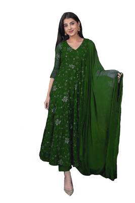 Green embroidered georgette long-kurtis 1