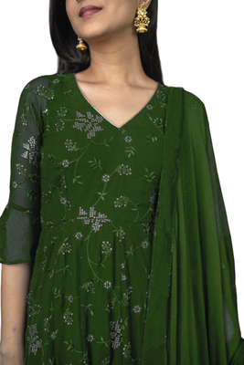 Green embroidered georgette long-kurtis 3