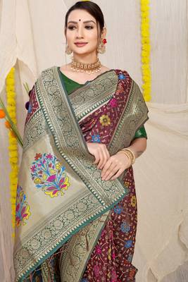 BROWN BEAUTIFUL PATOLA SAREE WITH BLOSE  3