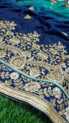 Trendmalls Blue Embroidered Silk Blend Party Wear Saree With Blouse 7