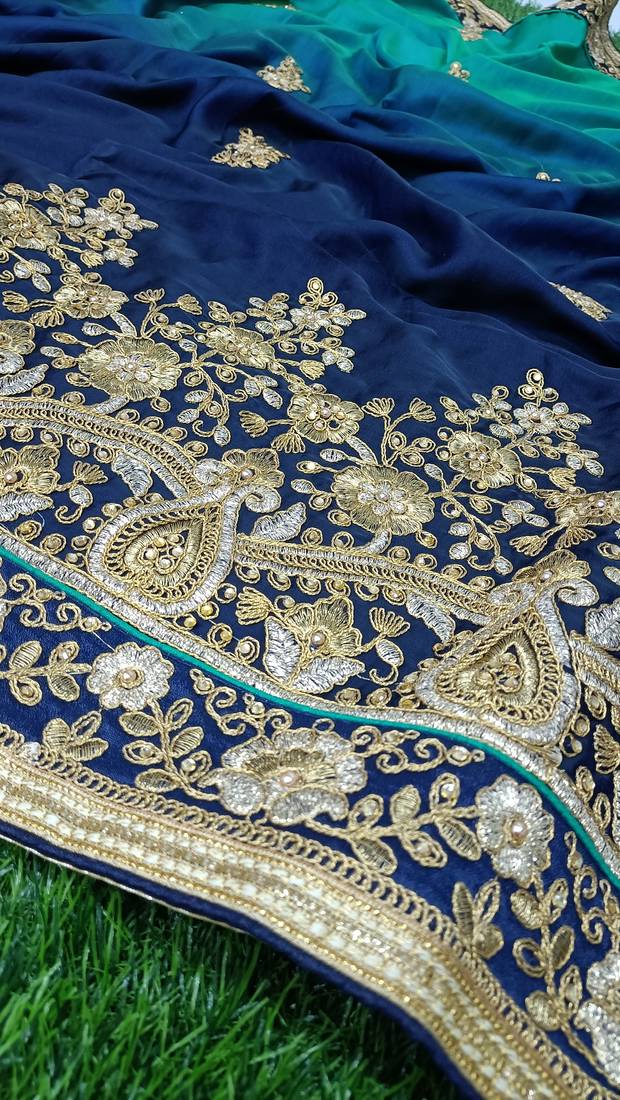 Blue Embroidered Silk Blend Party Wear Saree With Blouse