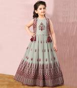 Light Green Georgette Embroidery Ethnic Gown Dress For Girls