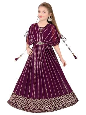 Wine Color Geroegette Embroidery Punchu style Gown Dress For Girls 1