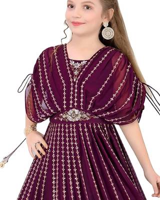 Wine Color Geroegette Embroidery Punchu style Gown Dress For Girls 3