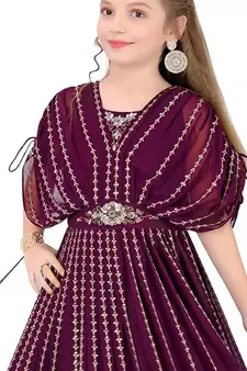 Wine Color Geroegette Embroidery Punchu style Gown Dress For Girls