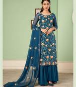 Blue Multy Thread,Sequance Embroidery Work Georgette unstitched Long Length Kameez Sharara party wear salwarsuit