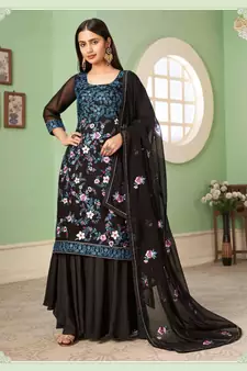 Black Multy Thread,Sequance Embroidery Work Georgette unstitched Long Length Kameez Sharara party wear salwarsuit