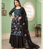 Black Multy Thread,Sequance Embroidery Work Georgette unstitched Long Length Kameez Sharara party wear salwarsuit