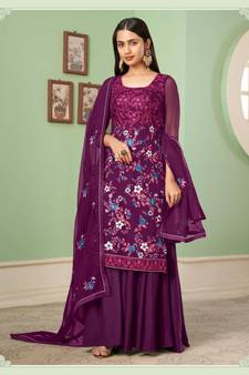 Purple Multy Thread,Sequance Embroidery Work Georgette unstitched Long Length Kameez Sharara party wear salwarsuit