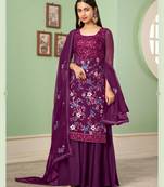 Purple Multy Thread,Sequance Embroidery Work Georgette unstitched Long Length Kameez Sharara party wear salwarsuit