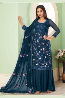 Blue Multy Thread,Sequance Embroidery Work Georgette unstitched Long Length Kameez Sharara party wear salwarsuit