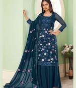 Blue Multy Thread,Sequance Embroidery Work Georgette unstitched Long Length Kameez Sharara party wear salwarsuit