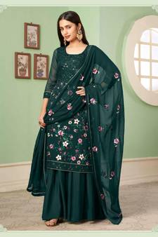Green Multy Thread,Sequance Embroidery Work Georgette unstitched Long Length Kameez Sharara party wear salwarsuit