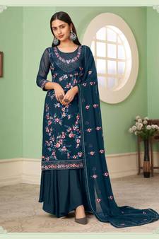 Blue Multy Thread,Sequance Embroidery Work Georgette unstitched Long Length Kameez Sharara party wear salwarsuit